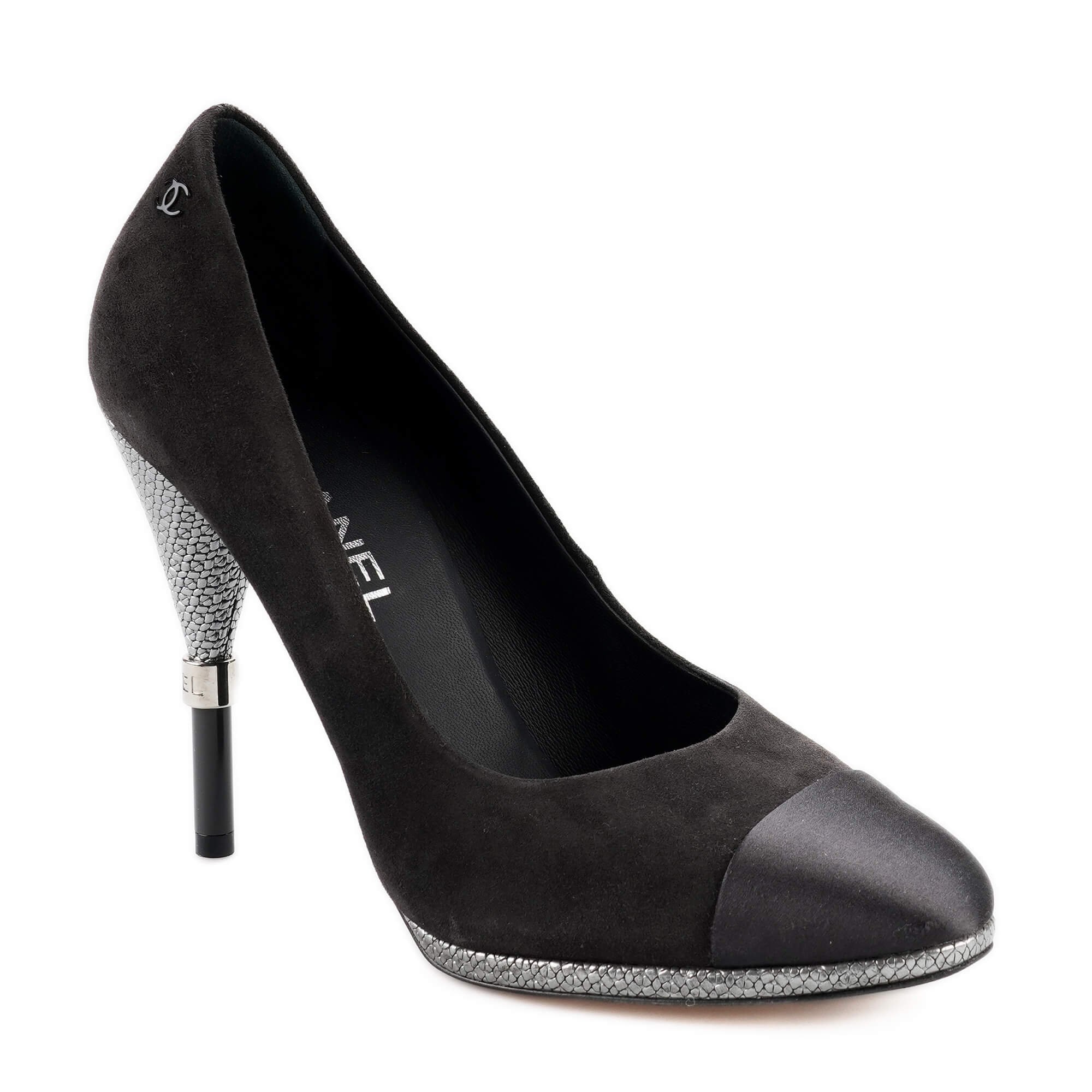 Chanel - Anthracite Suede and Black Satin CC Pumps